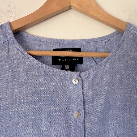 Tahari 100% Linen Blue Round Neck Button Up Shirt Contemporary Preppy Coastal 1X - Picture 3 of 14